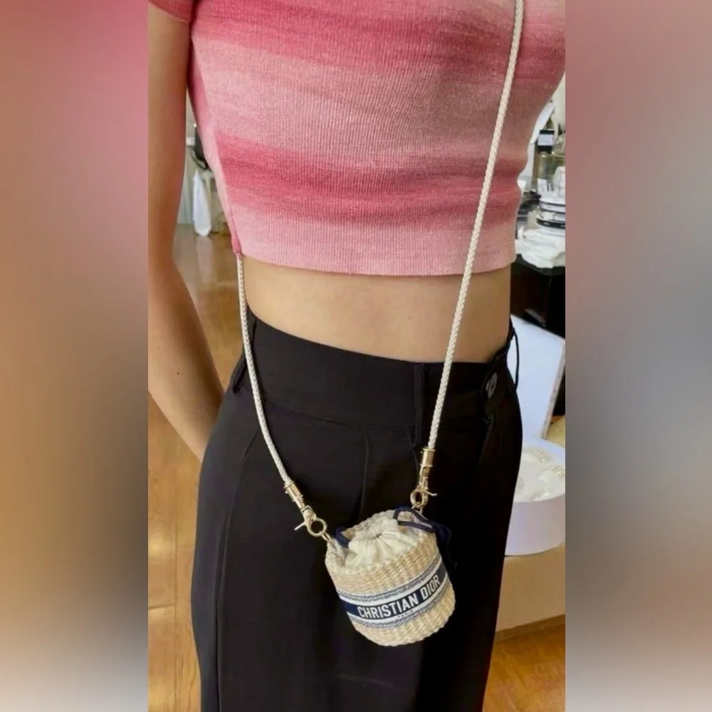 Dior Straw Drawstring Mini Pouch or Mini Bucket Bag in Cream and Blue NWB GWP - Picture 12 of 13